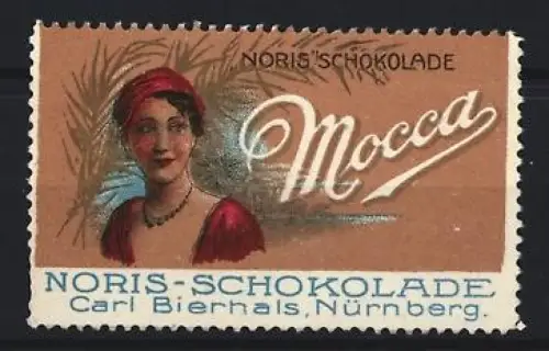 Reklamemarke Nürnberg, Carl Bierhals, Noris-Schokolade, Frau mit rotem Kleid und Hut