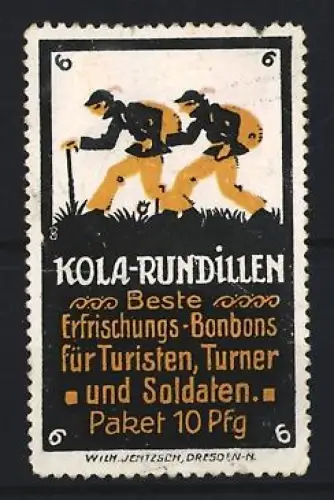 Reklamemarke Dresden, Kola-Rundillen, Erfrischungs-Bonbons, Wanderer mit Rucksäcken