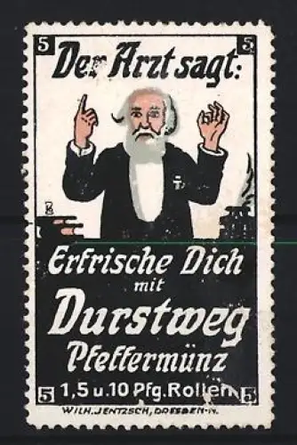 Reklamemarke Durstweg Pfefferminz, Erfrischungsgetränk, Arztfigur