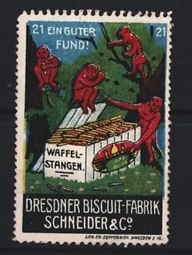 Reklamemarke Dresden, Schneider & Co., Biscuit-Fabrik, Teufel mit Waffelstangen