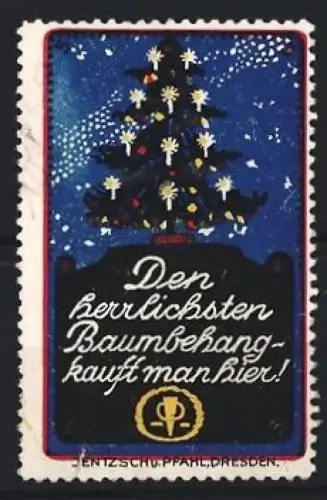 Reklamemarke Christbaumschmuck, Weihnachtsbaum und Firmensiegel