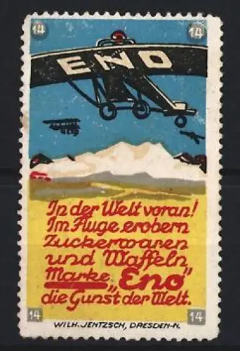 Reklamemarke Eno, Zuckerwaren- und Waffelfabrik, Flugzeug mit Firmenlogo