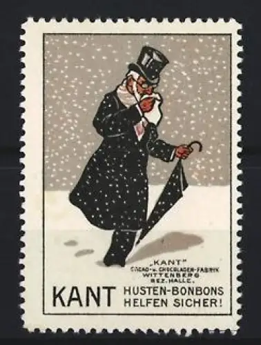 Reklamemarke Wittenberg, Kant, Husten-Bonbons, Herr mit Regenschirm im Schnee