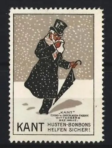 Reklamemarke Halle, Kant, Husten-Bonbons, Mann mit Regenschirm im Schnee