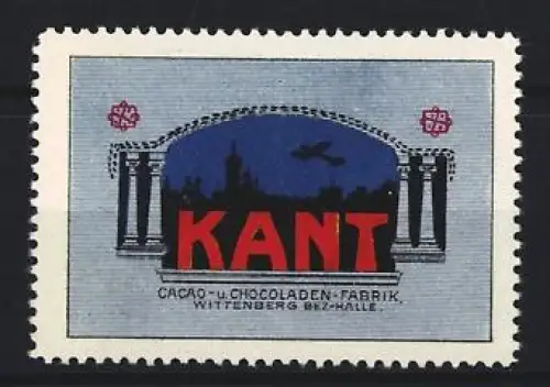Reklamemarke Wittenberg, Kant, Cacao-u.-Chocoladen-Fabrik, Stadtsilhouette und Flugzeug