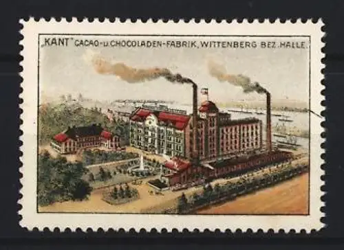 Reklamemarke Wittenberg, Kant, Cacao- u. Chocoladen-Fabrik, Fabrikgebäude und Schornsteine