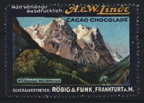 Reklamemarke Frankfurt a.M., Röbig & Funk, A. & W. Lindt, Schokoladenfabrik, Berglandschaft