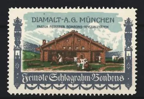 Reklamemarke München, Diamalt A.G., Schlagrahm-Bonbons, Bauernhof mit Kühen