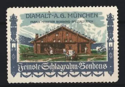 Reklamemarke München, Diamalt A.G. München, Schlagrahm-Bonbons, Berghütte und Kühe
