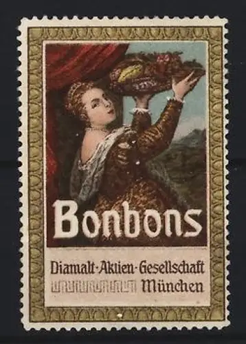 Reklamemarke München, Diamalt-Aktien-Gesellschaft, Bonbons, Frau mit Obstkorb