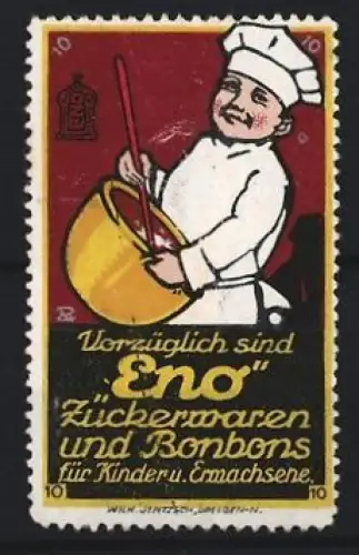Reklamemarke Dresden, Wilh. Jentzsch, Eno, Zuckerwaren und Bonbons, Koch mit Kessel