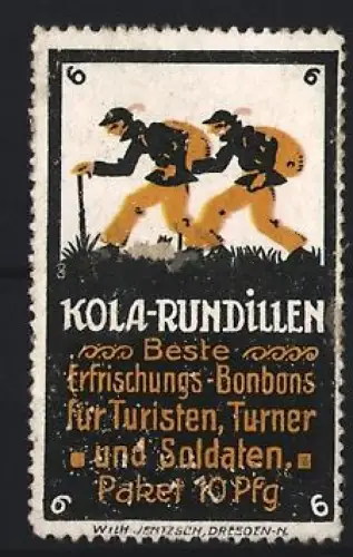 Reklamemarke Dresden, Wilh. Jentzsch, Kola-Bonbons, Wanderer mit Rucksack