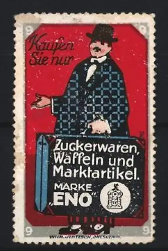 Reklamemarke Dresden, Wilh. Jentzsch, Eno, Zuckerwaren und Waffeln, Mann mit grossem Koffer