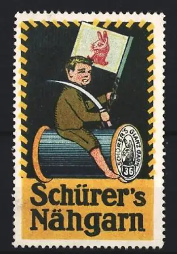 Reklamemarke Schürer, Nähgarn, Junge mit Schere auf Garnrolle, Flagge mit rotem Hasen