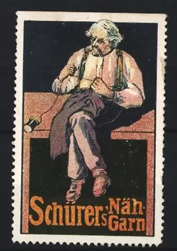 Reklamemarke Schürer, Nähgarn, Schneider mit Garnrolle