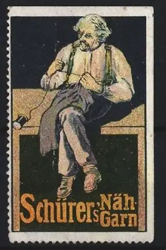 Reklamemarke Schürer, Nähgarn, Schneider mit Garnrolle