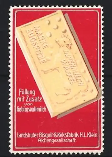 Reklamemarke Landshut, H.L. Klein, Keks- und Biscuitfabrik, Waffel auf rotem Hintergrund