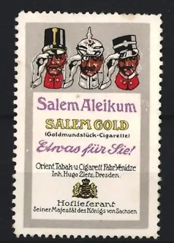 Reklamemarke Dresden, Salem Aleikum, Salem Gold Zigaretten und Tabakwaren, Drei Soldaten