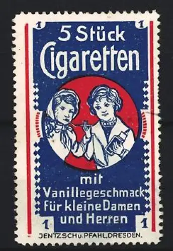 Reklamemarke Dresden, Jentzsch u. Pfahl, Zigaretten für Kinder, Vanillegeschmack, Kinder mit Zigaretten aus Süssigkeiten