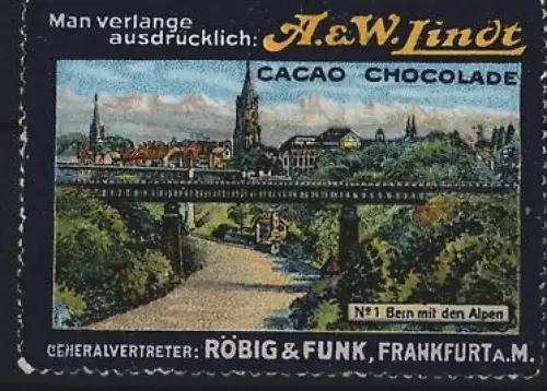 Reklamemarke Frankfurt a. M., Röbig & Funk, A. & W. Lindt Cacao Chocolade, Ortsansicht mit Brücke
