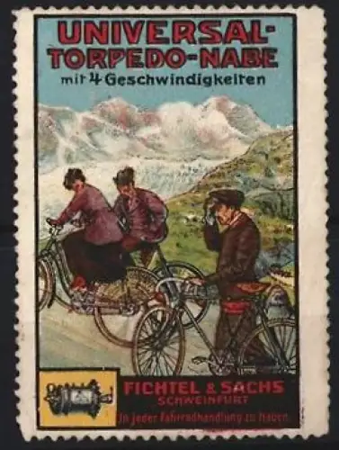 Reklamemarke Schweinfurt, Fichtel & Sachs, Universal-Torpedo-Nabe, Fahrräder, Radfahrer in Bergen