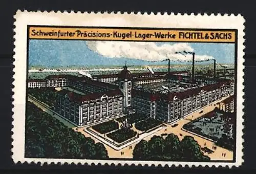 Reklamemarke Schweinfurt, Fichtel & Sachs, Kugellagerfabrik, Fabrikansicht