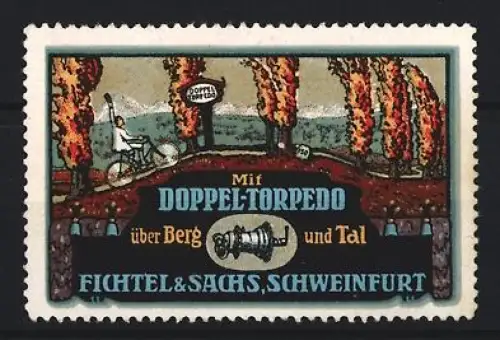 Reklamemarke Schweinfurt, Fichtel & Sachs, Doppel-Torpedo über Berg und Tal, Fahrräder, Fahrradfahrer und Bäume