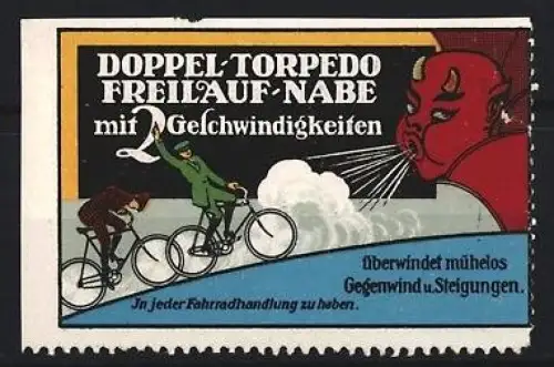Reklamemarke Doppel-Torpedo Freilauf-Nabe, Fahrräder, Radfahrer und Teufel