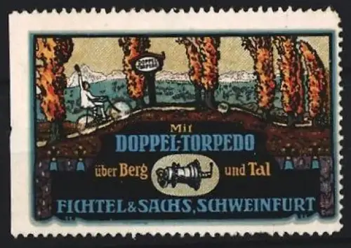 Reklamemarke Schweinfurt, Fichtel & Sachs, Doppel-Torpedo, Fahrräder, Fahrradfahrer