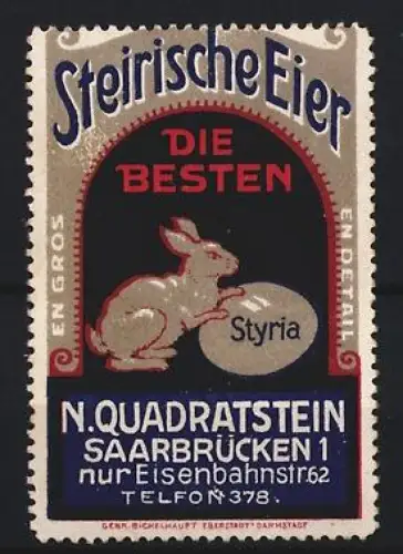 Reklamemarke Saarbrücken, N. Quadratstein, Steirische Eier, Hase mit Ei