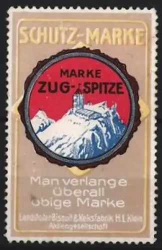 Reklamemarke Landshut, H.L. Klein, Keksfabrik, Marke Zugspitze, Berg und Schloss