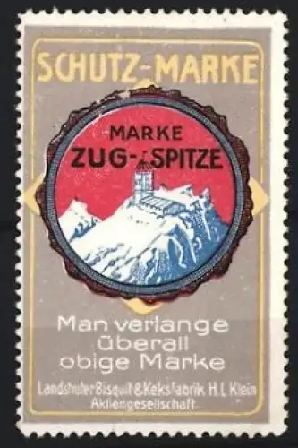 Reklamemarke Landshut, H.L. Klein, Keksfabrik Marke Zugspitze, Berg mit Gebäude