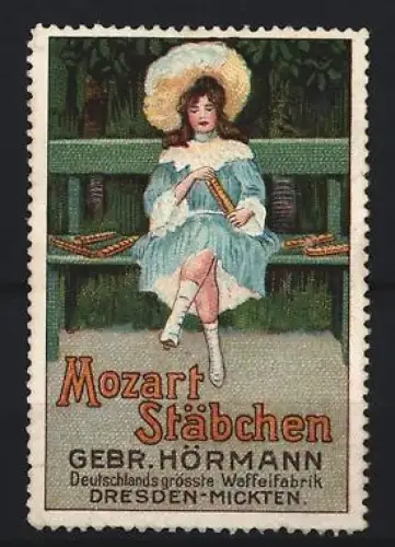 Reklamemarke Dresden, Gebr. Hörmann, Waffelfabrik, Mozart Stäbchen, Mädchen auf Bank mit Hut