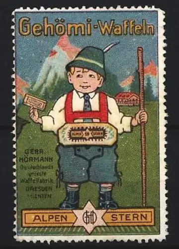 Reklamemarke Dresden, Gebr. Hörmann, Waffelfabrik, Gehömi-Waffeln, Junge in Tracht mit Waffelpackung