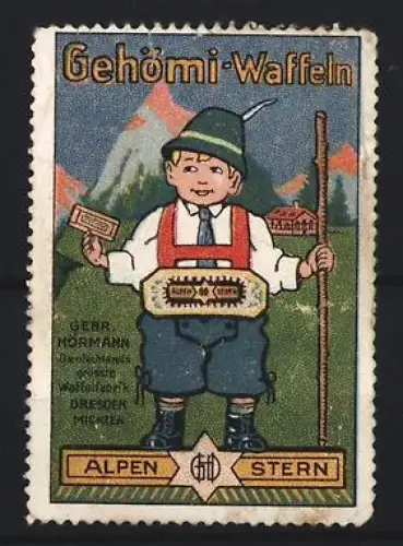 Reklamemarke Dresden, Gebr. Hörmann, Waffelfabrik, Gehömi-Waffeln, Junge in Tracht