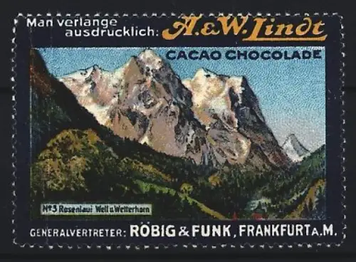 Reklamemarke Frankfurt a.M., Röbig & Funk, A. & W. Lindt Cacao Chocolade, Bergpanorama