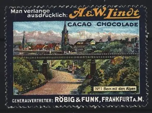 Reklamemarke Frankfurt a. M., Röbig & Funk, A. & W. Lindt Cacao Chocolade, Ortsansicht mit Alpen