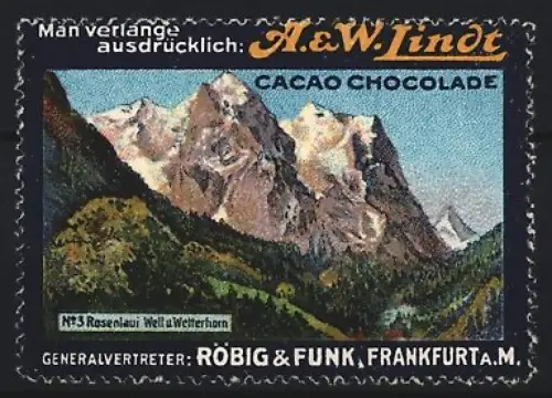 Reklamemarke Frankfurt a. M., Röbig & Funk, A. & W. Lindt Cacao Chocolade, Berglandschaft