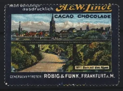 Reklamemarke Frankfurt a. M., Röbig & Funk, A. & W. Lindt Cacao Chocolade, Ortsansicht mit Alpen