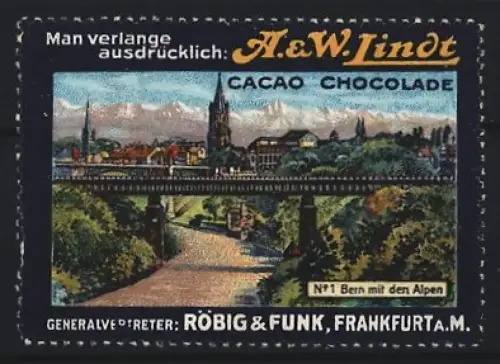 Reklamemarke Frankfurt a. M., Röbig & Funk, A. & W. Lindt Cacao Chocolade, Ortsansicht mit Brücke und Alpen
