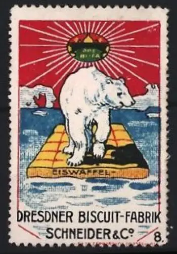 Reklamemarke Dresden, Schneider & Co., Biscuit-Fabrik, Eisbär auf Eiswaffel