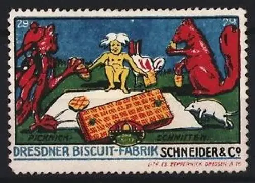 Reklamemarke Dresden, Schneider & Co., Biscuit-Fabrik, Picknick-Schnitten, Teufel und Eichhörnchen