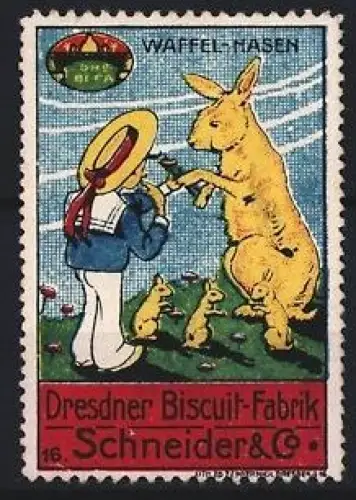 Reklamemarke Dresden, Schneider & Co., Biscuit-Fabrik, Waffel-Hasen, Junge mit Känguru und Keksen