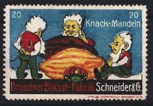 Reklamemarke Dresden, Schneider & Co., Waffelfabrik, Knack-Mandeln, Zwerge bei einer Knack-Mandel