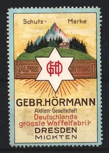 Reklamemarke Dresden, Gebr. Hörmann, Waffelfabrik, Berglandschaft mit Sternenlogo