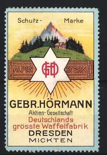 Reklamemarke Dresden, Gebr. Hörmann, Waffelfabrik, Alpenstern mit Berglandschaft