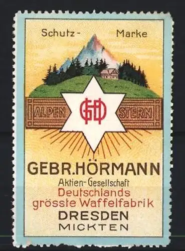 Reklamemarke Dresden, Gebr. Hörmann, Waffelfabrik, Alpenstern und Berglandschaft