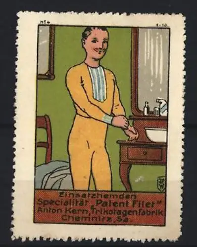Reklamemarke Chemnitz, Anton Kern, Trikotagenfabrik, Mann im Unterhemd