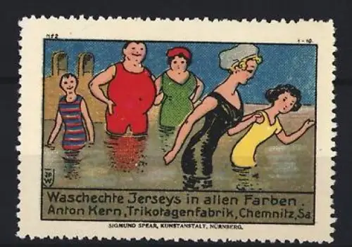 Reklamemarke Chemnitz, Anton Kern, Trikotagenfabrik, Strandbesucher im Wasser