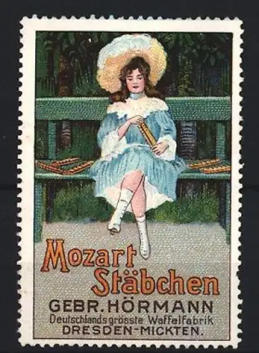 Reklamemarke Dresden, Gebr. Hörmann, Waffelfabrik, Mozart Stäbchen, Mädchen auf Bank